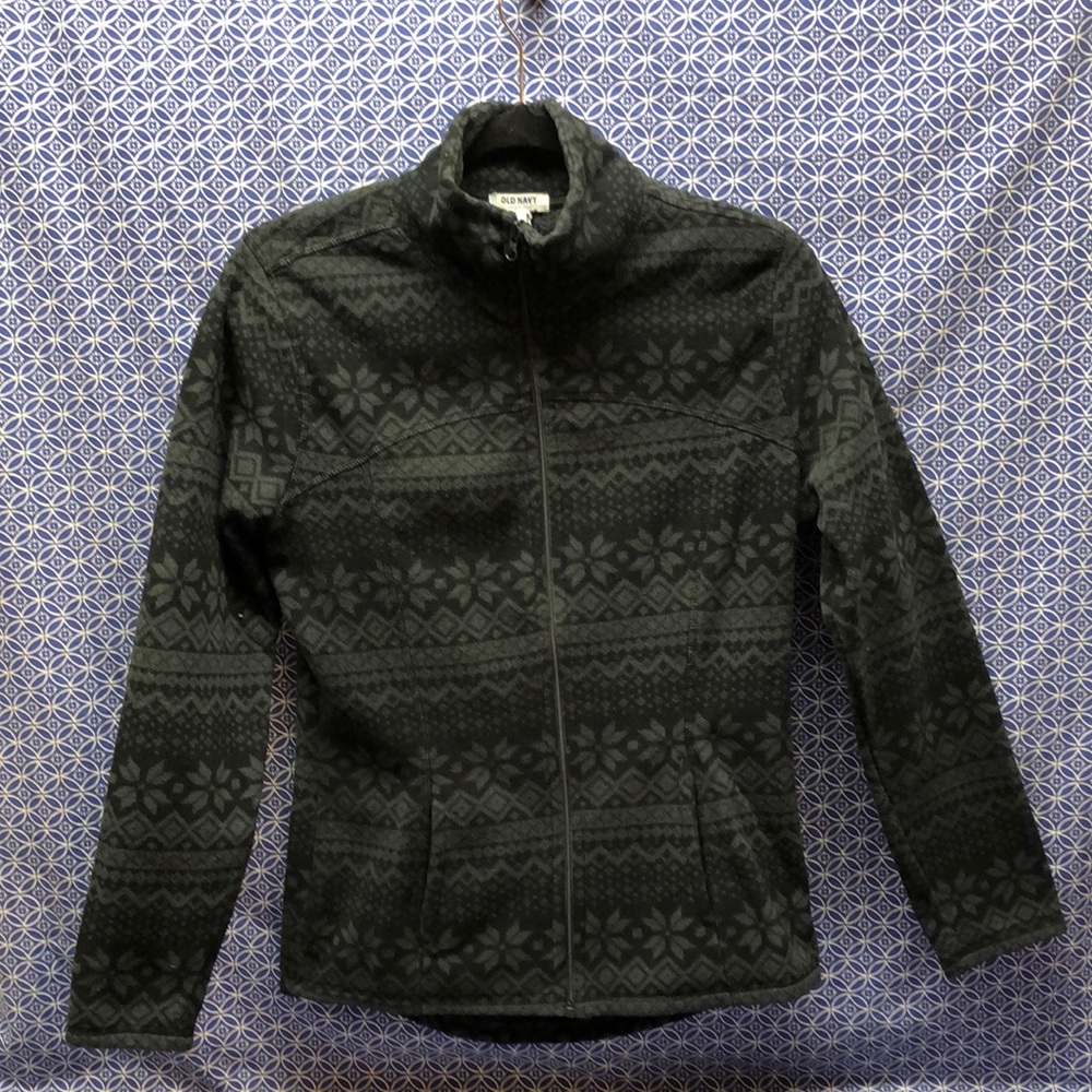 Old Navy Fleece zippered jacket, black/grey pattern, size medium